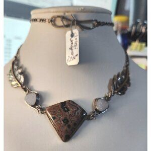 Necklace Statement Ocean Jasper Drusi 25.1 gr Gold Silver Handmade Chain Connect